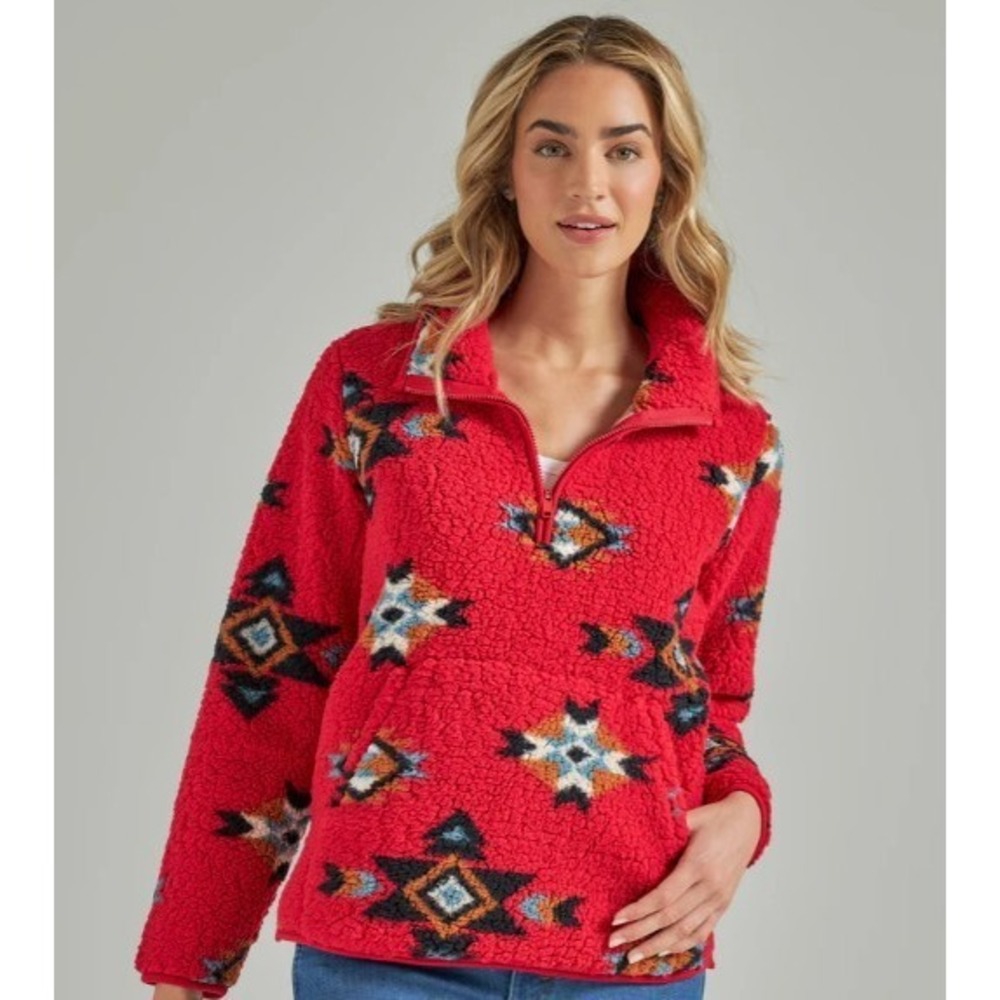 Wrangler Sweater Womens XL Red Aztec 1/4 Zip Fleece Hiking Retro NWT